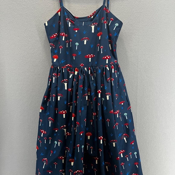 Unique Vintage Mushroom Midi Dress - Blue with pockets spaghetti straps so cute - Picture 1 of 7